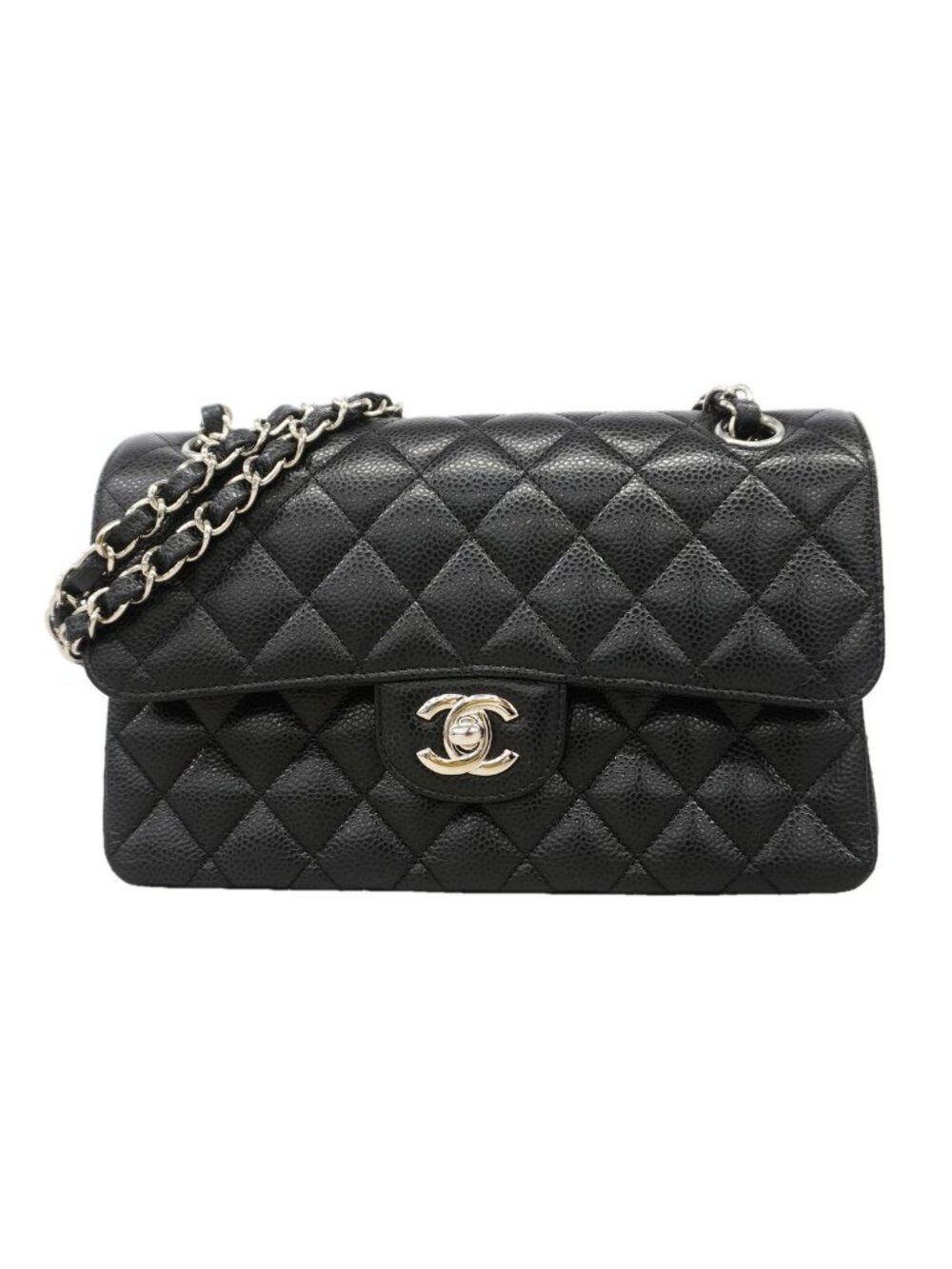 Chanel Shoulder Bag Quilted Caviar Leather Black Silver